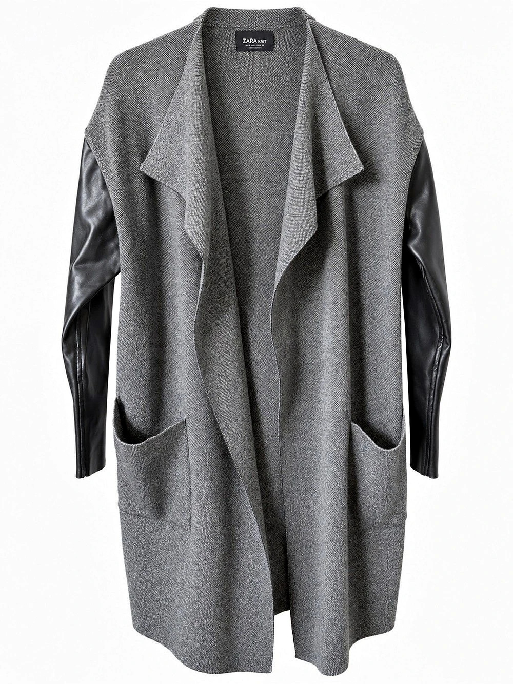 ZARA KNIT Grey Waterfall Cardigan Faux Leather Sleeves Women's S